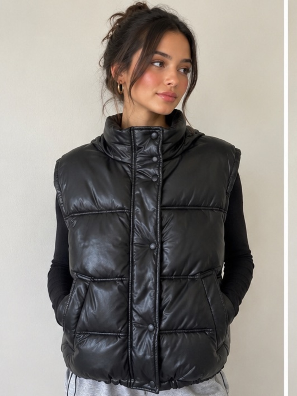 Black Puffer Vest with Hood - Women Jackets & Coats